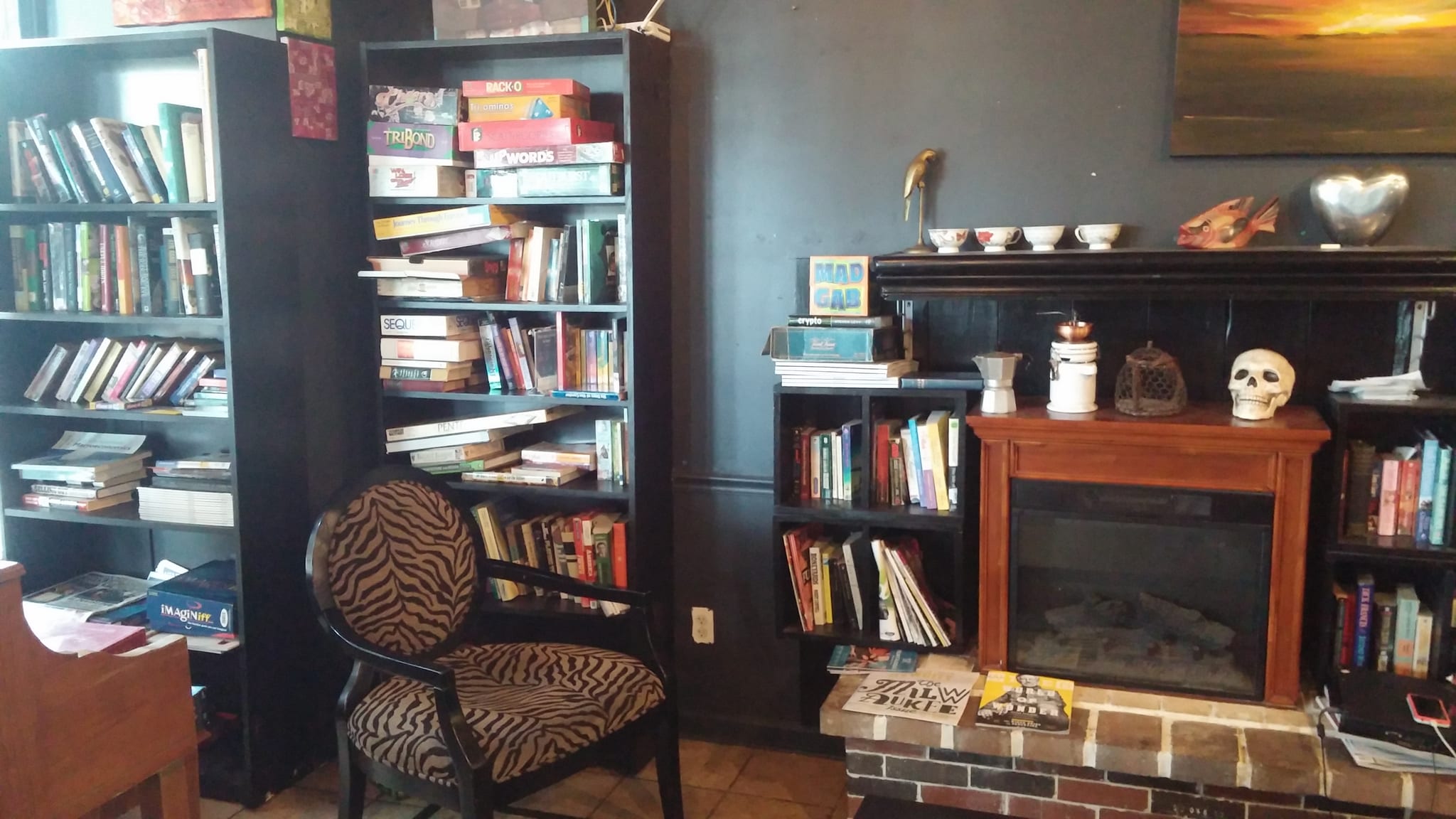 Bookshelves of board games and paperbacks beside a zebra-print armchair and fireplace