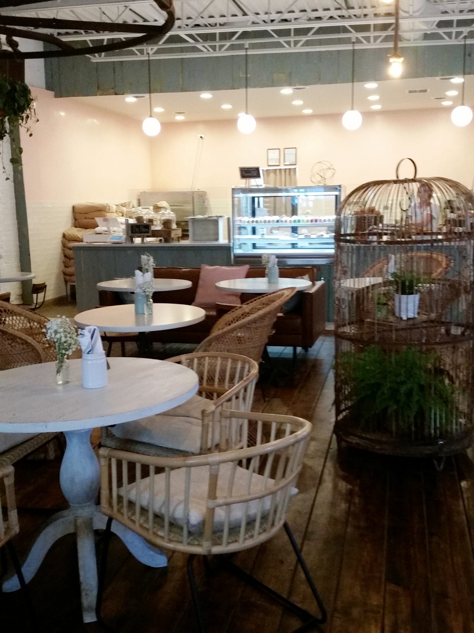 Pastel dining room with rattan chairs, pastry case and a large birdcage planter